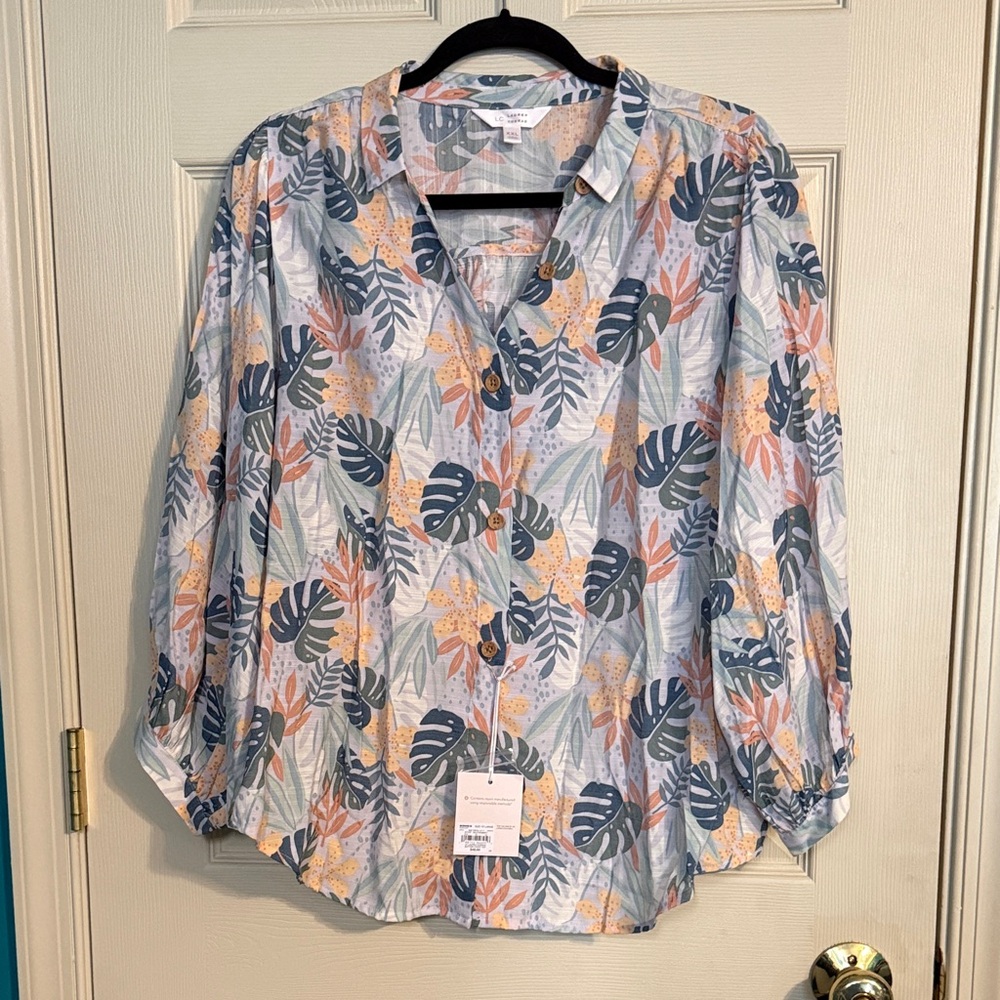 LC Lauren Conrad Leaf Print Button-Down Shirt - Blue, Orange, White